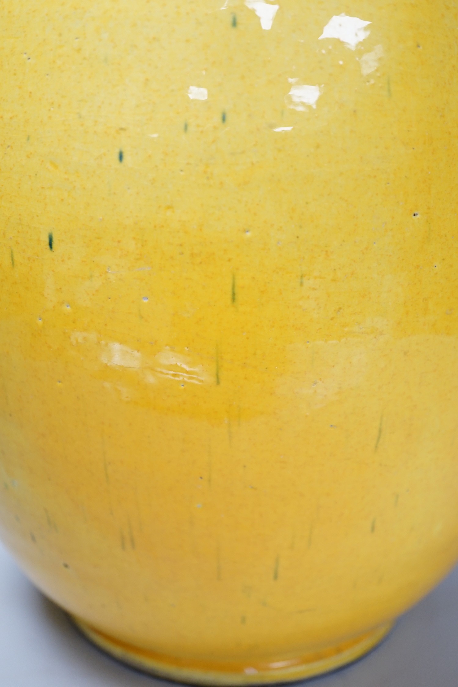 Two Chinese blue and white ginger jars, together with a large Chinese yellow glazed vase, tallest 31cm